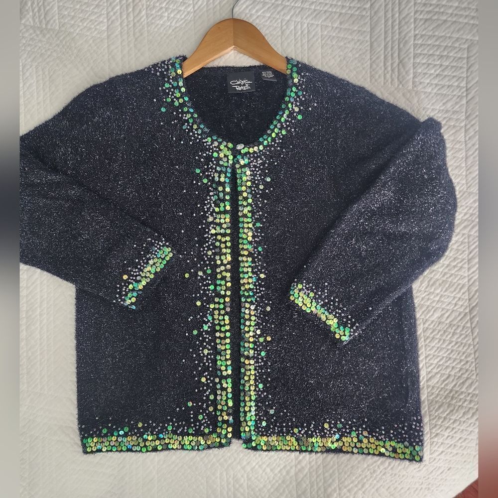 Christina Rotelli cardigan sweater set sequined collar Christmas holidays artsy